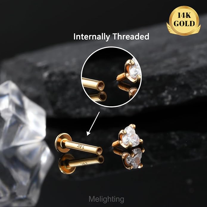 Melighting 14K Solid Gold Cartilage Earring - 16G Gold Heart Flat Back Earring - Star Helix Piercing Jewelry - Internally Threaded Curved CZ - 8mm