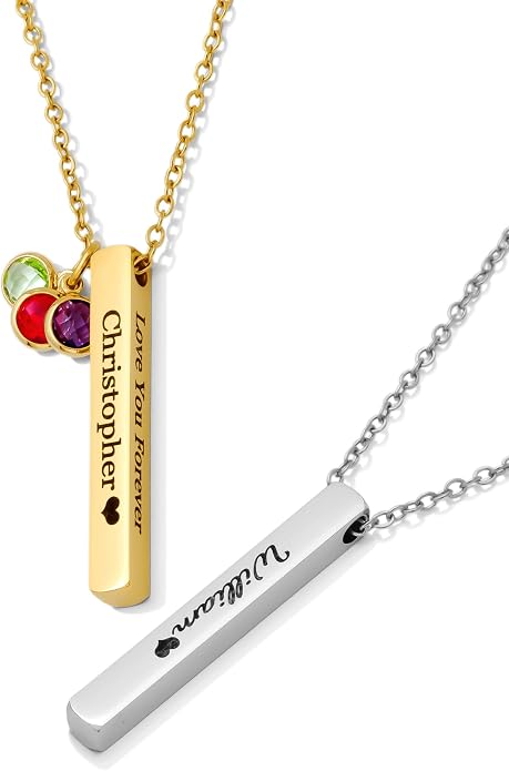Custom Engraved 3D Vertical Pillar Bar Necklace – Personalized Name Pendant – 1 to 4 Sides – Non-Tarnish Stainless Steel – Gold/Silver – Adjustable Chain – Gift for Her, Mom/Dad With Kids Names