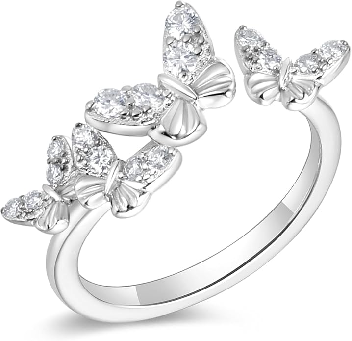 Moissanite Flower/Butterfly/Star Pretty Open Ring for Women, Adjustable Ring, Solid 925 Sterling Silver with Gold Plated, Stackable Ring, Birthday Valentines Anniversary Mothers Day Ideal Gift for Her