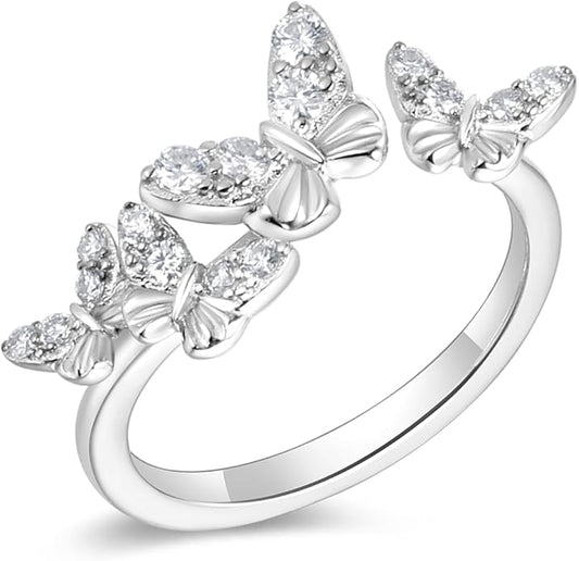 Moissanite Flower/Butterfly/Star Pretty Open Ring for Women, Adjustable Ring, Solid 925 Sterling Silver with Gold Plated, Stackable Ring, Birthday Valentines Anniversary Mothers Day Ideal Gift for Her