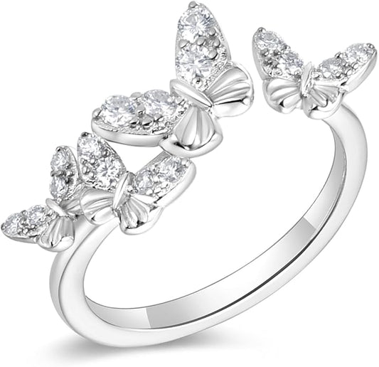 Moissanite Flower/Butterfly/Star Pretty Open Ring for Women, Adjustable Ring, Solid 925 Sterling Silver with Gold Plated, Stackable Ring, Birthday Valentines Anniversary Mothers Day Ideal Gift for Her