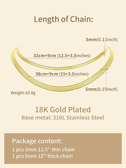 FindChic Black/14K Gold Plated Herringbone Choker Chain Necklace for Women | Waterproof Stainless Steel, Dainty Layering, Flat Snake Chain, Non-Tarnish, Hypoallergenic, Adjustable Extender, Gift Box