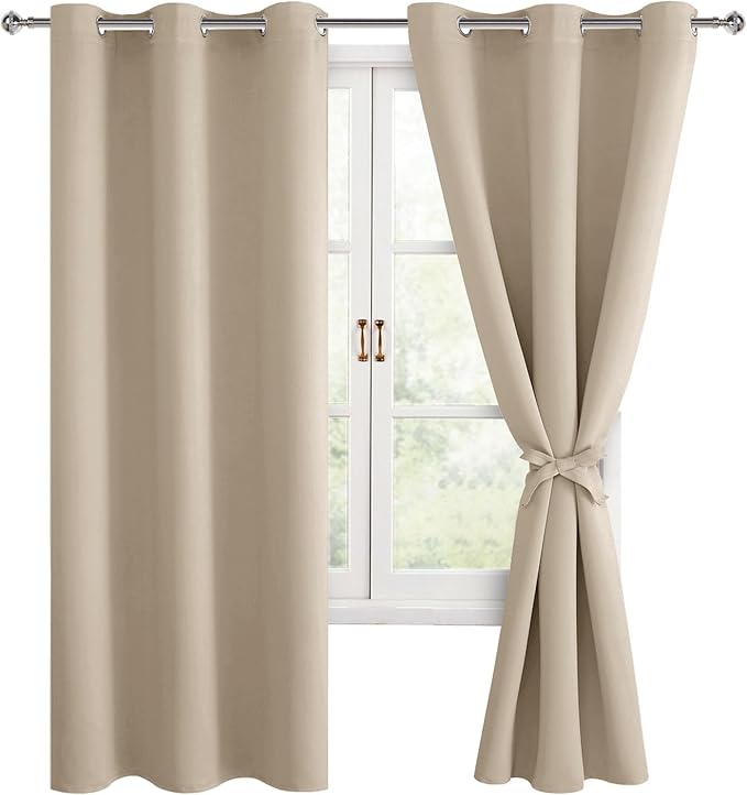 Hiasan Blackout Curtains for Bedroom and Living Room, Light Blocking, Noise Reducing Window Curtain Panels, Tiebacks Included, Set of 2, Grommet Top (Taupe, Width 42 Inch x Length 72 Inch)