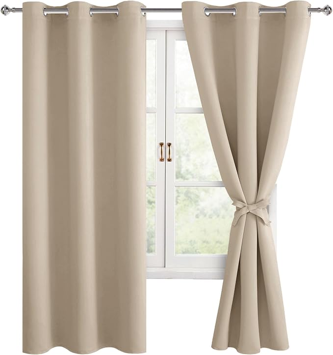 Hiasan Blackout Curtains for Bedroom, 42 x 63 Inches Length - Thermal Insulated & Light Blocking Window Curtains for Living Room, 2 Drape Panels Sewn with Tiebacks, Taupe