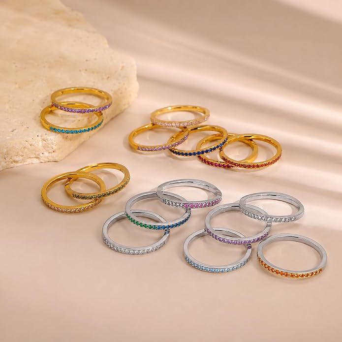 Birthstone Rings For Women, Silver Stackable Cubic Zirconia Stainless Steel Birth Stone Ring To My Daughter/Mom Birthday Unique Gifts Jewelry