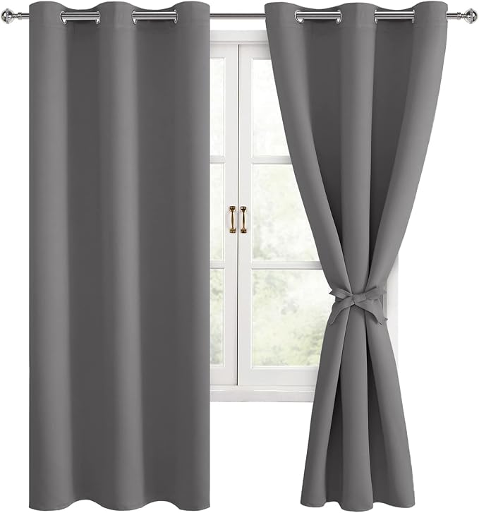 Hiasan Blackout Curtains for Bedroom and Living Room, Light Blocking, Noise Reducing Window Curtain Panels, Tiebacks Included, Set of 2, Grommet Top (Grey, Width 42 Inch x Length 72 Inch)