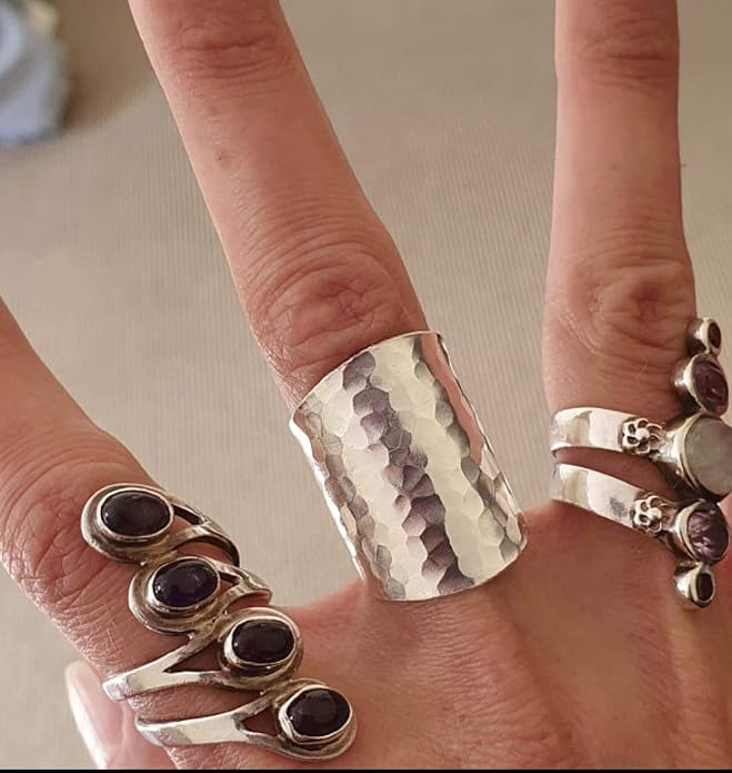 Hammered Shiny Handmade Sterling Silver Large Long Boho Statement Ring, Wide Band Wrap Adjustable to Sizes 6-12,Also as Thumb Ring, Gift for Her