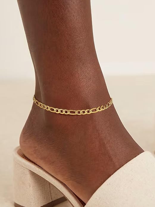 ChainsPro Resizable Anklet Chain for Women Men, Figaro/Wheat/Twist Rope/Cuban Foot Bracelet-Strong with Good Clasp-18K Gold Plated(Send Gift Box)