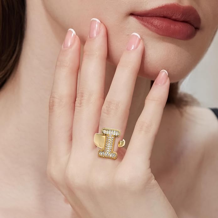Cicy Bell Initial Rings for Women 14k Gold Plated Cubic Zirconia Delicate Letter Chunky Statement Open Rings Gifts for Her