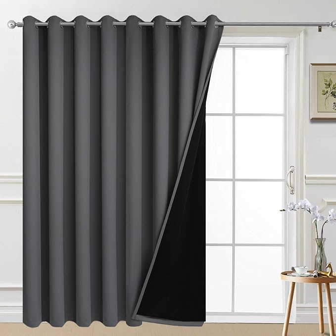 Yakamok Dark Grey Blackout Patio Door Curtain Panels W100 x L84, 1 Panel | Noise Reducing Barrier Panel for Sliding Glass Door, 2 Thick Layers Heat Full Light Blocking Patio Door Drapery