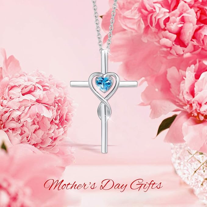 FANCIME Birthstone Cross Necklace for Women Birthstone Necklace Heart Infinity Cross Pendant Necklace Fine Jewelry Christmas Birthday Holiday Gifts for Her, 16"+2" Inches
