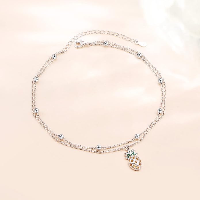 Flyow Anklet for Women S925 Sterling Silver Adjustable Foot Beaded Heart Charm Ankle Bracelet Anklets Jewelry