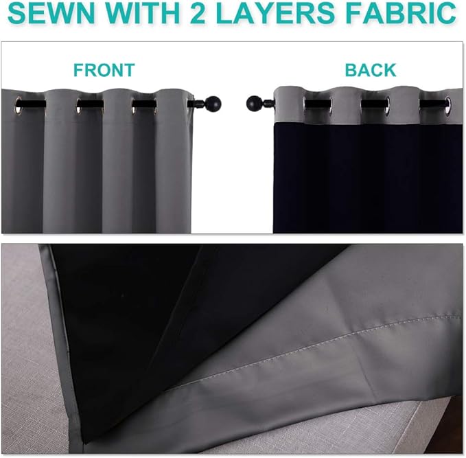NICETOWN 100% Blackout Curtains with Black Liners, Thermal Insulated Full Blackout 2-Layer Lined Drapes, Energy Efficiency Window Draperies for Bedroom (Grey, 2 Panels, 55-inch W by 68-inch L)