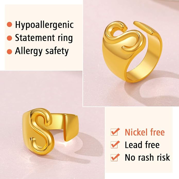 FindChic Customizable Initial Ring Statement 18K Gold Plated Fashion Cuff Rings for Women Alphabet Letter A to Z Resizable Knuckle Ring (with Gift Box)