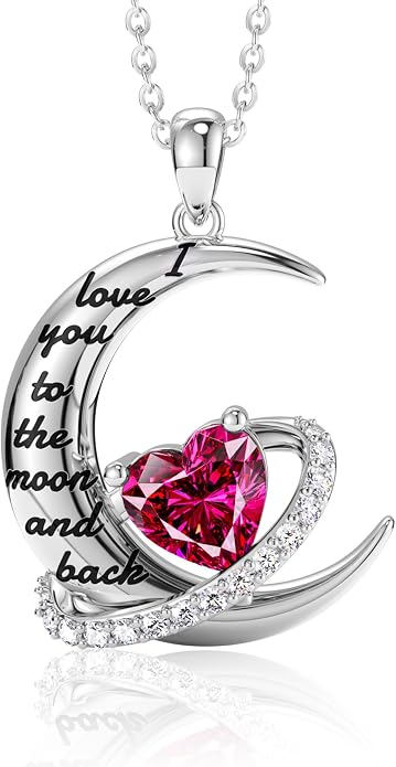Distance I Love You to The Moon and Back Necklace for Women, S925 Sterling Silver Forever Love Heart Birthstone Necklace, Anniversary Birthday Jewelry for Wife Lover