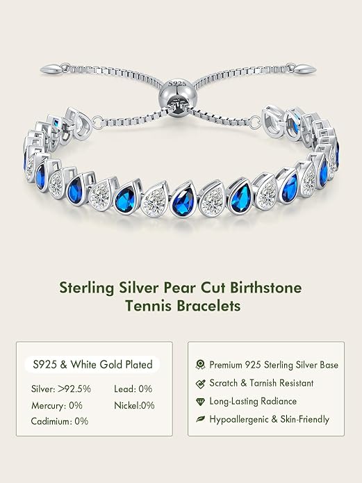 Birthstone Tennis Bracelet for Women 925 Sterling Silver Pear Shaped Gemstone Inlaid White Gold Plated Adjustable Chain Gifts for Mom Wife