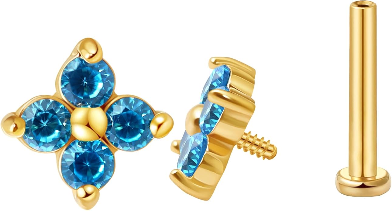 FANSING CZ Flower Internally Threaded Flat Back Earring Labret Stud for Cartilage Tragus Helix Conch