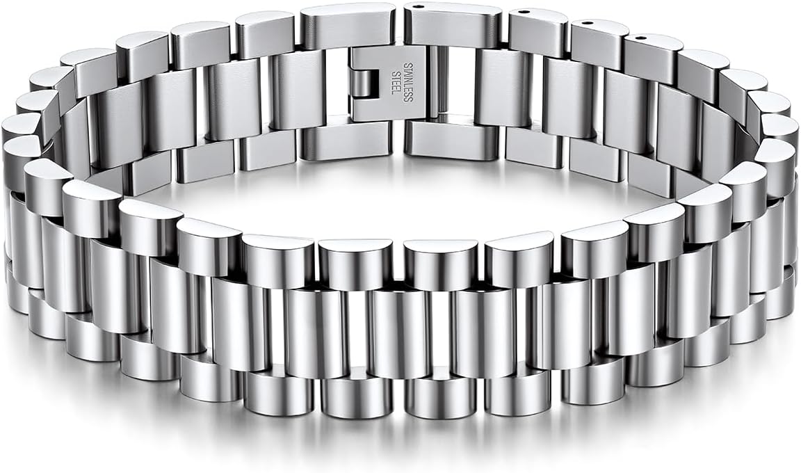 U7 Link Bracelets for Men, Cuban Link/Rope/Watch Band Solid Bracelet, Silver Black Gold Color Wrist Bracelet 3/6/9/12/15mm Width, 6.5/7.5/8.3 Inch Length, Hand Chain Jewelry for Mens Women