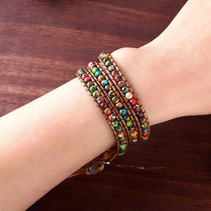 Plumiss Women Boho Handmade Natural Stone Crystal Leather Bead Wrap Bracelets Collection