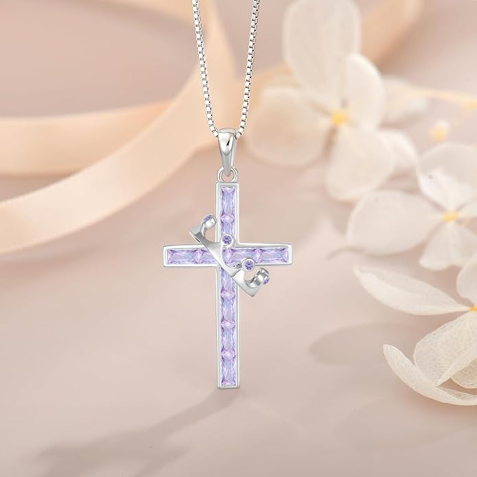 Gemstone Crown Cross Necklaces for Women, 925 Sterling Silver Rectangular cut Zircon Pendant With Rotated Crown Faith Cross Jewelry Gift