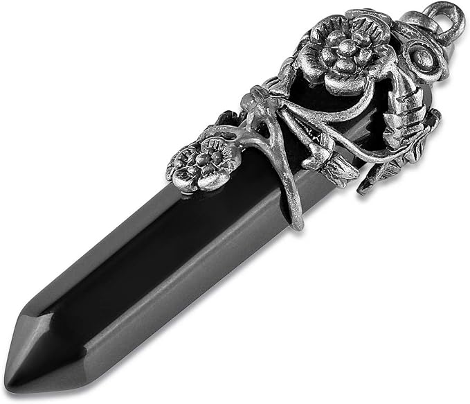 Top Plaza Antique Silver Flower Wrapped Natural Black Agate Healing Crystal Necklace