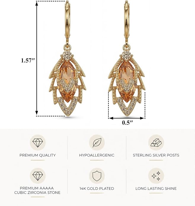 14K Gold Plated Dangle Drop Earrings, Hypoallergenic Cubic Zirconia Crystal Teardrop Leaf & Feather Earrings, Vintage Long Linear Threader Chandelier Statement Jewelry for Women Wedding Party Gifts