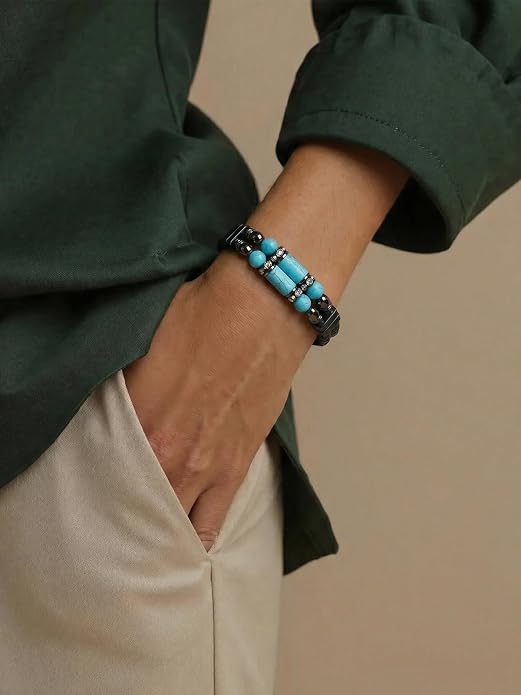Mens Leather Turquoise/Tiger Eye/Obsidian/Lava Stone Bracelet–Braided Multi‑Layer Wristband Cuff Bangle Barcelet–Jewelry Box and Pouch Packing