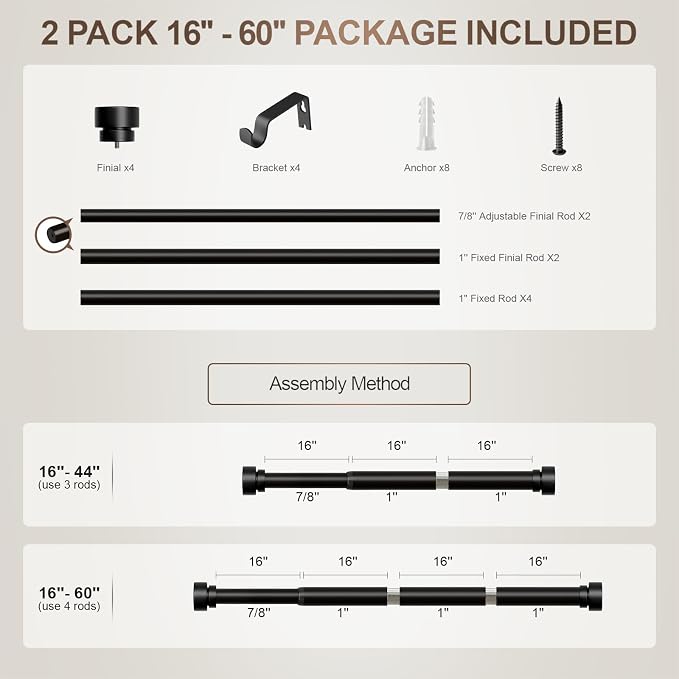 Lootkell 2 Pack Modern Black Curtain Rods Set for Windows 28 to 48 Inches Adjustable Length Heavy Duty 1" Diameter Window Curtain Rod with Decorative Finials for Outdoor Bedroom Kitchen Living Room
