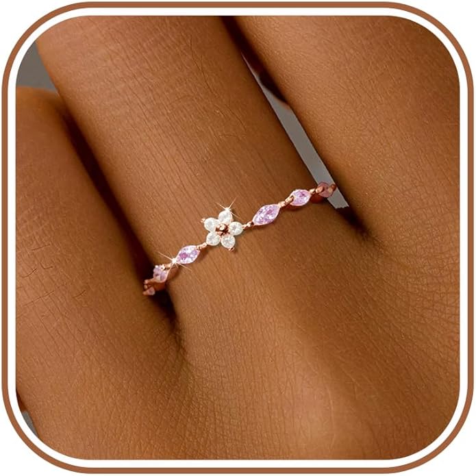 SUYACS 925 Sterling Silver Flower Rings with 6 Marquise Cut Pink Birthstone for Women Gold Plated Cute Opal Floral Small Stackable Ring Mother Daughter Statement Ring Jewelry Birthday Gifts
