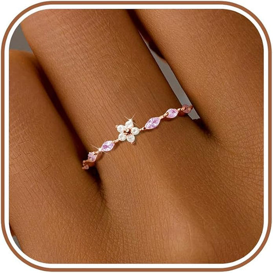SUYACS 925 Sterling Silver Flower Rings with 6 Marquise Cut Pink Birthstone for Women Gold Plated Cute Opal Floral Small Stackable Ring Mother Daughter Statement Ring Jewelry Birthday Gifts