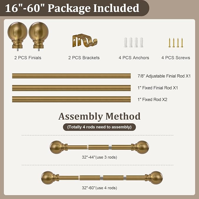 Warm Gold Curtain Rods for Windows Small 28 to 48 Inch 1" Diameter Short | Adjustable Heavy Duty Antique Brass Metal Decorative with Finials Vintage Brushed Bronze for Living Room Bedroom Kitchen
