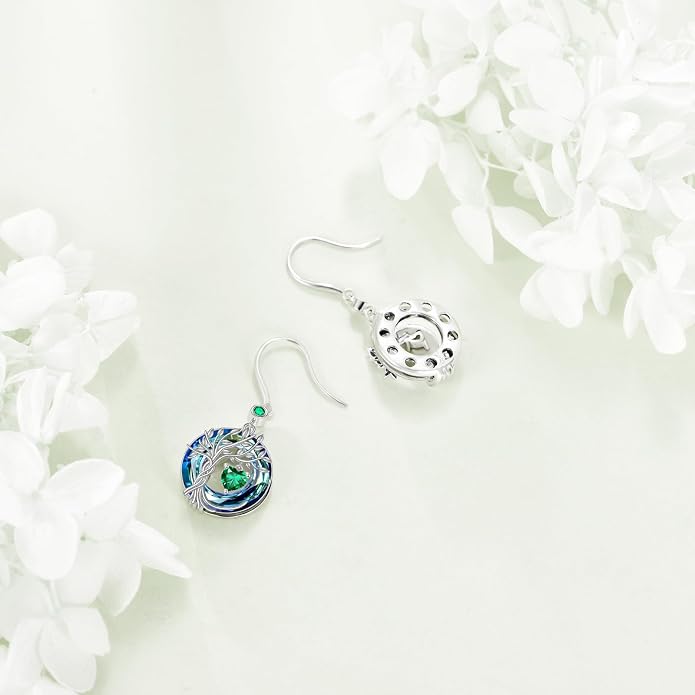 POPLYKE Tree of Life Birthstone Earrings 925 Sterling Silver Dainty Gemstone Birthstone Dangle Drop Earring with Crystal Fine Jewelry Birthday Gifts for Women Her