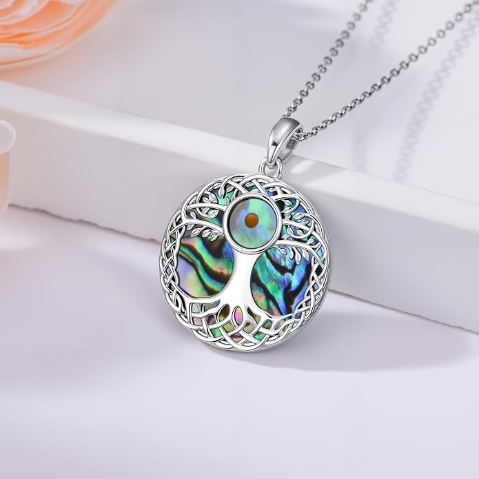 Tree of Life Necklace 925 Sterling Silver Abalone Shell Celtic Knot Tree Pendant Necklace Jewelry Gifts for Women Birthday Christmas