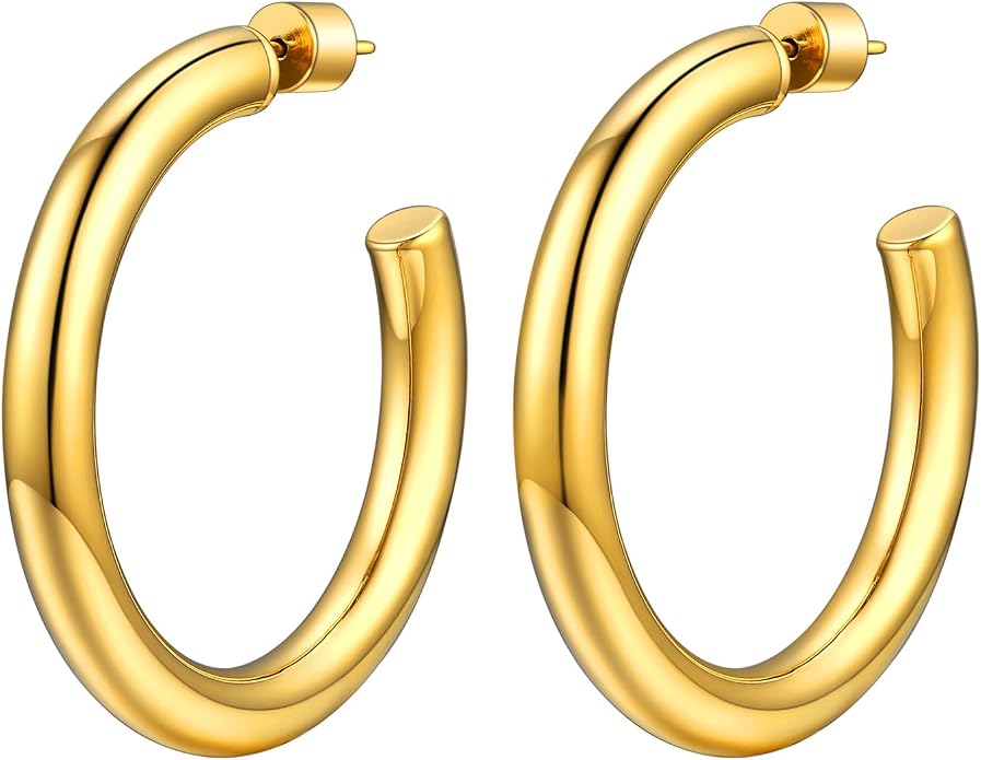 Stainless Steel Chunky Hoop Earrings For Women, Minimalist and Chic, Black/Gold Plated, Round Hoops Earrings Hypoallergenic, Size: 30mm/40mm/60mm/80mm, Come with Box