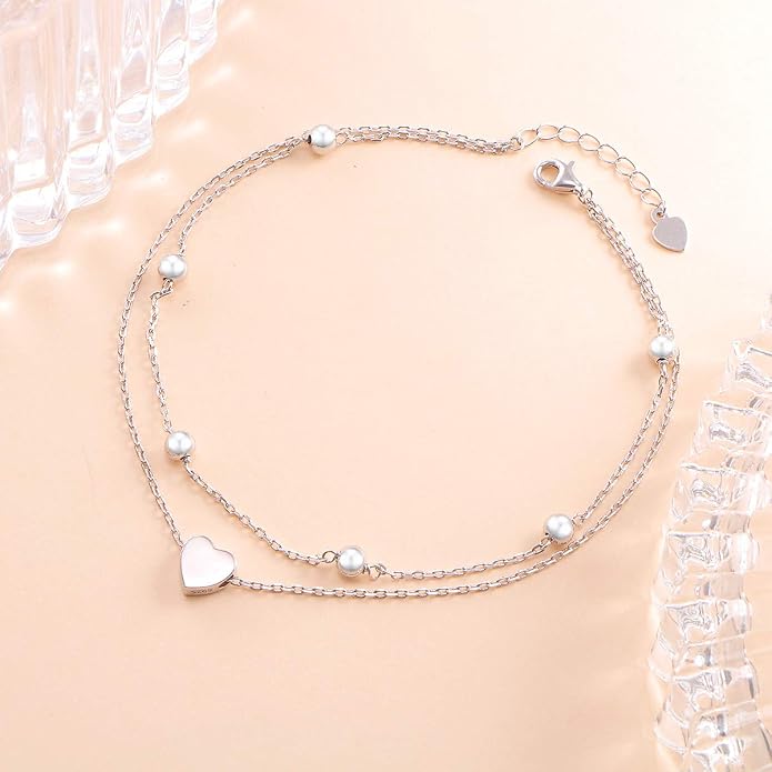 Flyow Anklet for Women S925 Sterling Silver Adjustable Foot Beaded Heart Charm Ankle Bracelet Anklets Jewelry