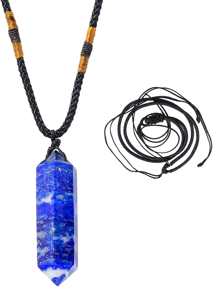 Runyangshi Blue Lapis Lazuli Healing Crystal Pendants, Double Pointed Natural Crystal Quartz Necklace 6 Faceted Chakra Crystal Wand Stone