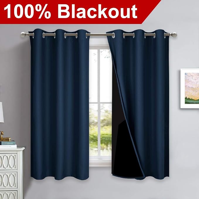 NICETOWN 100% Blackout Curtain Panels, Thermal Insulated Black Liner Curtains for Nursery Room, Noise Reducing and Cold Blocking Drapes for Windows (Set of 2, Navy Blue, 42" Wide by 63" Long)