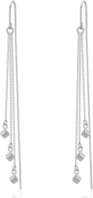 Sterling Silver Threader Earrings Flower Heart Moon Star Tiny Cube Rhombus Sector Beads Dream Catcher Evil Eye Butterfly Leaf Lightning Bolt Tassel Dangle Drop Chain Charm Earrings Jewelry Gifts for Women