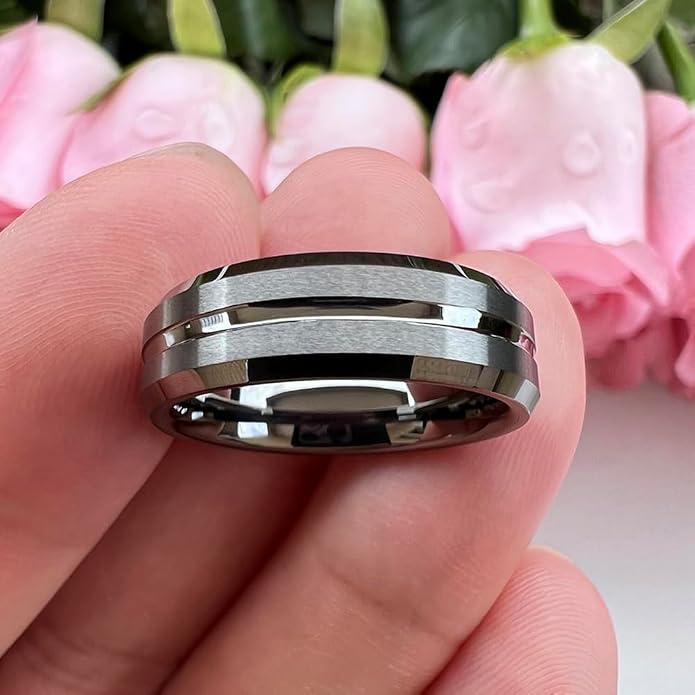 TUTISS 6mm 8mm Silver/Black/Blue/Gunmetal/Gold/Rose Gold Tungsten Rings for Men Women Fashion Engagement Wedding Bands Matte Finish Beveled Edges Comfort Fit