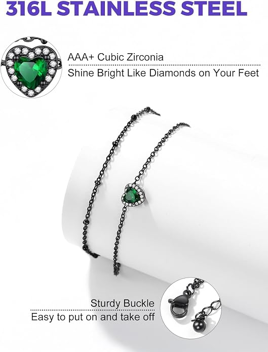 Richsteel Double Layer Heart/Butterfly Birthstone Anklet for Women Non Tarnish Waterproof, Silver/Gold/Black Stainless Steel 8.5-10.5 Inch Adjustable Chain Anklets Jewelry Gifts for Her