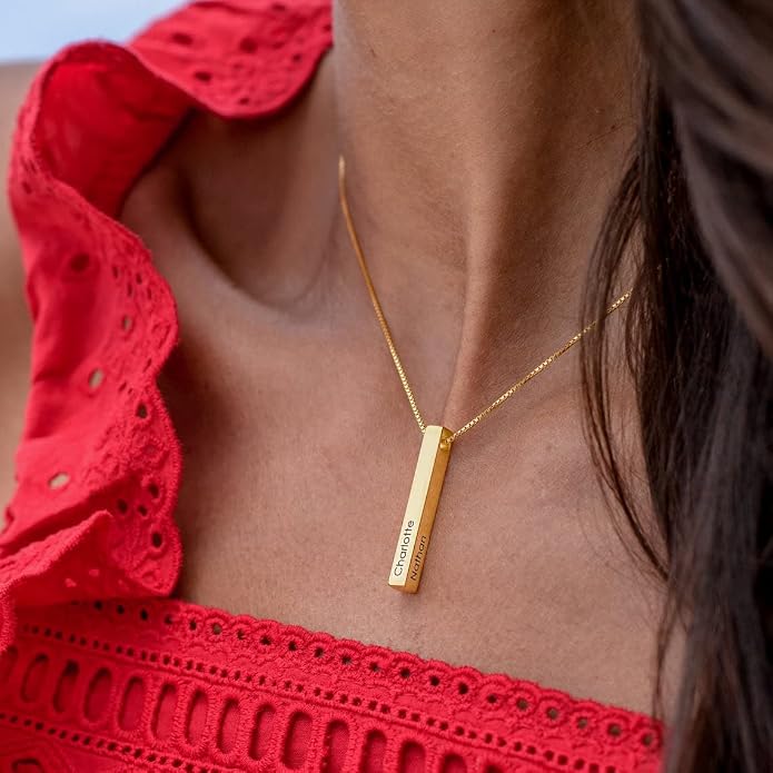 MeMoShe Custom Name Necklace Personalized 3D Engraved Bar 18K Gold Plated Customized Name Jewelry with Adjustable Chain Charm Birthday Gifts for Women Men