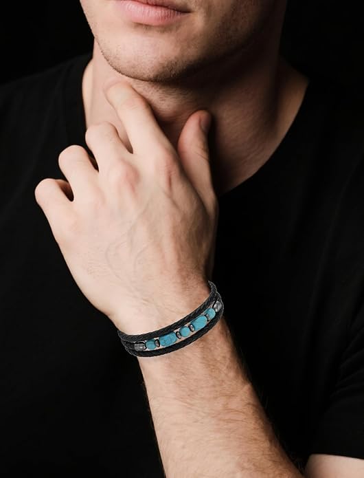 Mens Turquoise/Lapis Lazuli/Tiger Eye/Black Agate/Obsidian Leather Braided Bracelets for Father's Day/Birthdays/Graduation Jewelry Wristband Cuff Bracelet with Stainless Steel Clasp