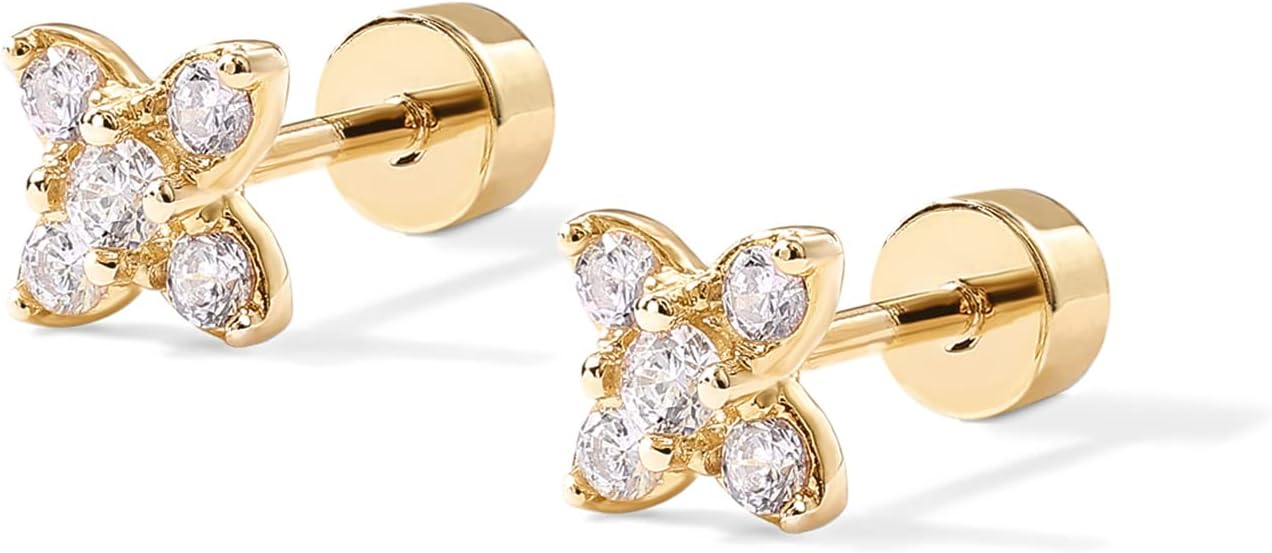 PAVOI 14K Gold Plated Sterling Silver Posts Dainty Mini Multi-Shape Flat Back Stud Earring Pack for Women | Helix Cartilage Piercing Jewelry