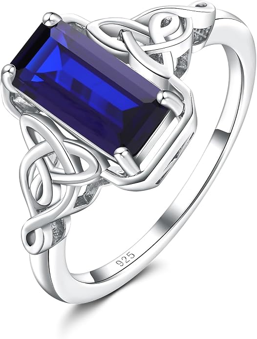 DAYBYDAY Celtic Birthstone Rings for Women, 925 Sterling Silver/18K Gold Plated Emerald Cut Celtic Knot Engagement Wedding Ring, Square Created Gemstone Promise Rings for Her Size 6-10