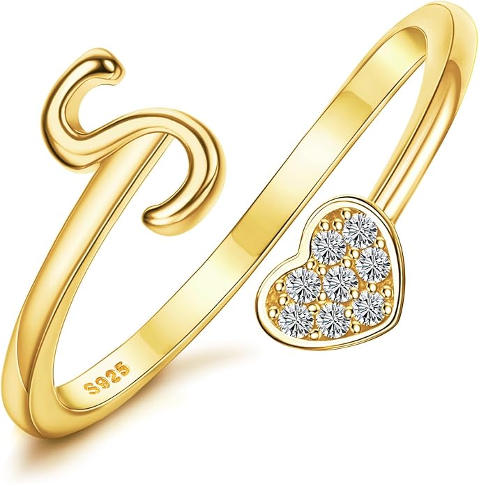 MILACOLATO 925 Sterling Silver Initial Rings for Women Teen Girl 18K Gold Plated Heart Initial Rings Adjustable Capital Letter Ring Stackable Thumb Pinky Rings for Daughter Birthday Bridesmaid Gifts Jewelry, A to Z