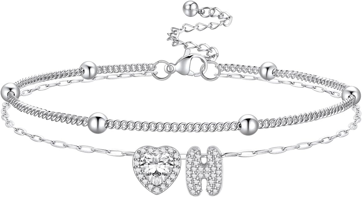 Bestyle Initial Anklet Bracelets for Women Waterproof Non Tarnish 14K Gold/White Gold Plated CZ Anklets for Women Dainty Layered Letter Heart Ankle Bracelets Adjustable Foot Chain Anklet