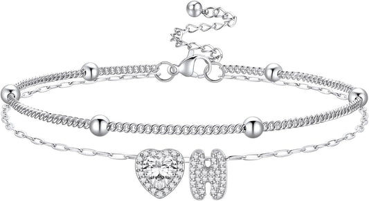 Bestyle Initial Anklet Bracelets for Women Waterproof Non Tarnish 14K Gold/White Gold Plated CZ Anklets for Women Dainty Layered Letter Heart Ankle Bracelets Adjustable Foot Chain Anklet