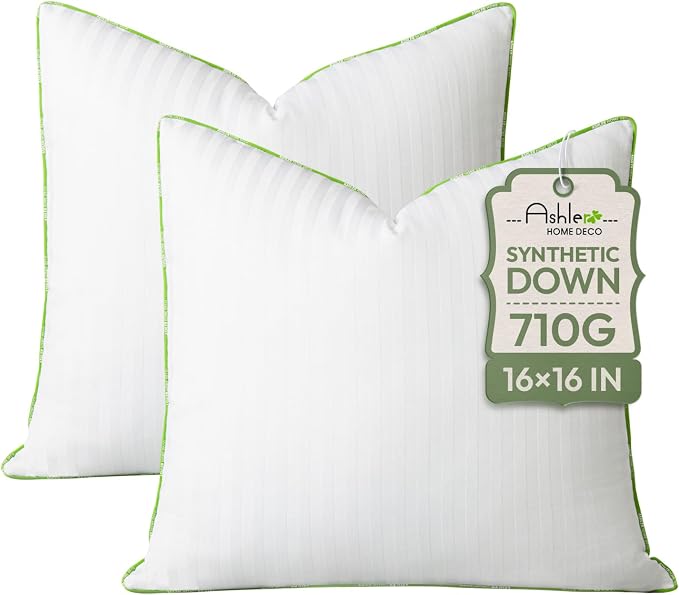 Ashler Home Deco Synthetic Down Pillow Inserts, 16x16 Down Alternative Throw Pillows Insert Sleeping Pillows with 100% Cotton Cover Decorative Pillow Stuffer for Sofa, Couch Bed(Set of 2, White)