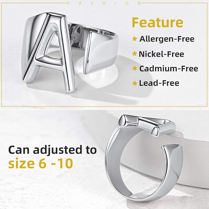 KeyStyle Bold Initial Letter Rings Adjustable, GoldChic Jewelry Women Gold Statement Ring Personalized Engraved Women’s Open Signet Ring for Party (Gold, White Gold, Black)