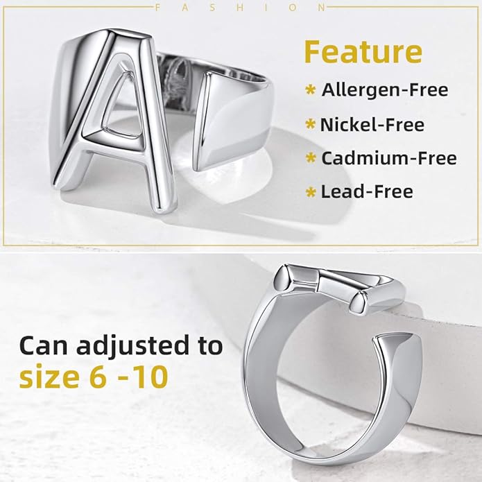KeyStyle Bold Initial Letter Rings Adjustable, GoldChic Jewelry Women Gold Statement Ring Personalized Engraved Women’s Open Signet Ring for Party (Gold, White Gold, Black)